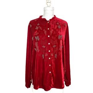 Sundance Velvet Embroidered Beaded Button Up Tunic Red Women Medium
